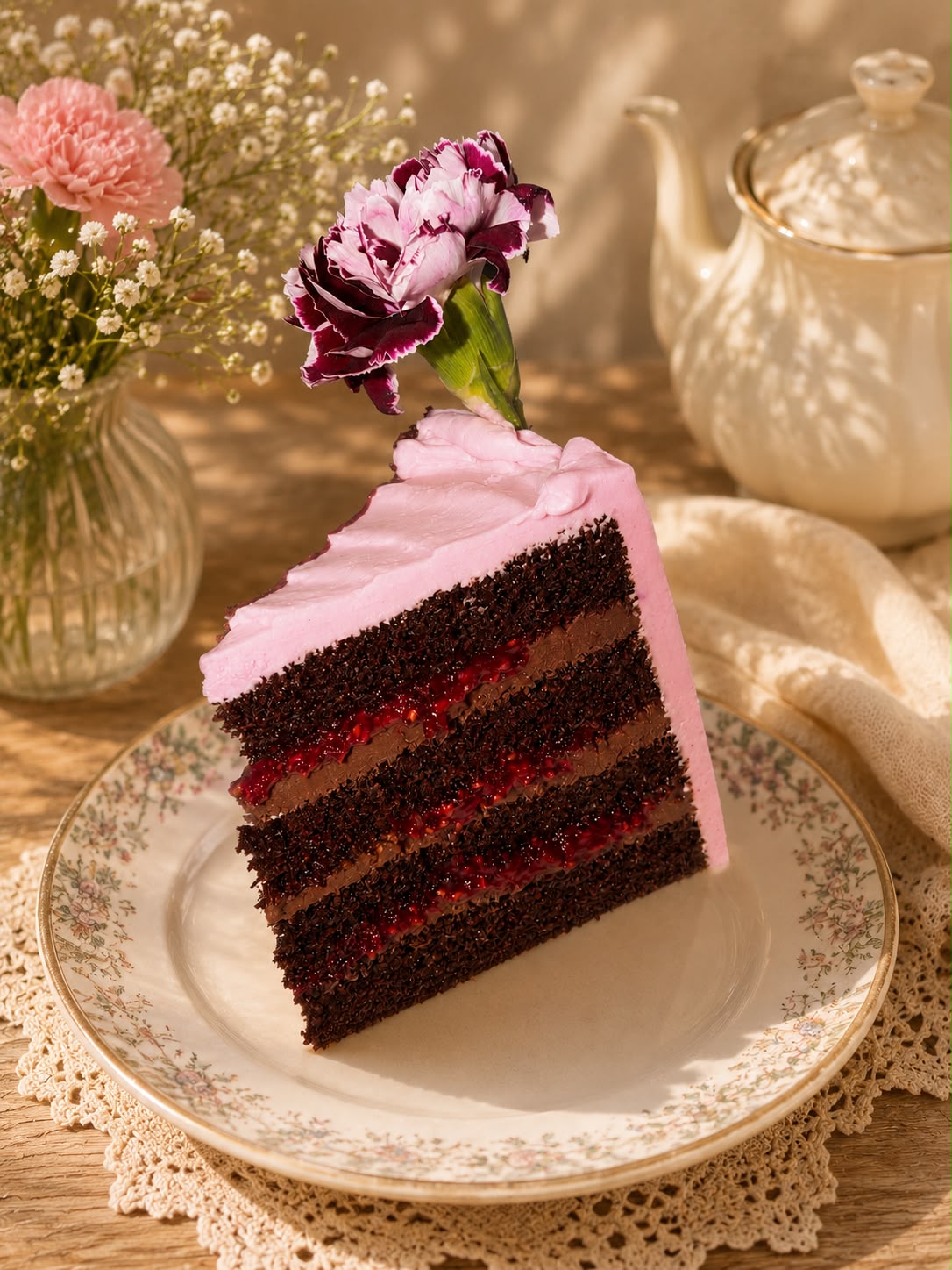 A slice of Farah's chocolate raspberry celebration cake